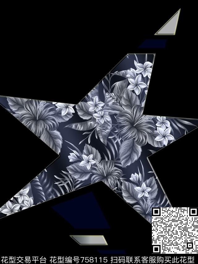 几何花朵五角星数码印花华亿平台下载（图片编号: 758115） - 瓦栏（Walan）