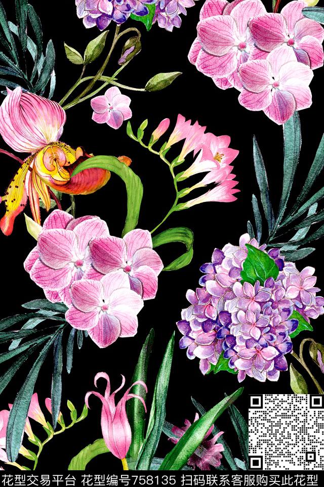 时尚手绘水彩数码印花华亿平台下载（图片编号: 758135） - 瓦栏（Walan）