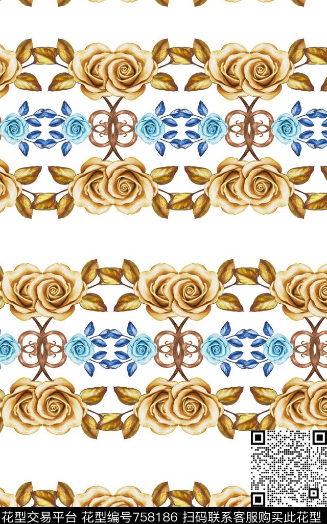 玫瑰牡丹兰花数码印花华亿平台下载（图片编号: 758186） - 瓦栏（Walan）