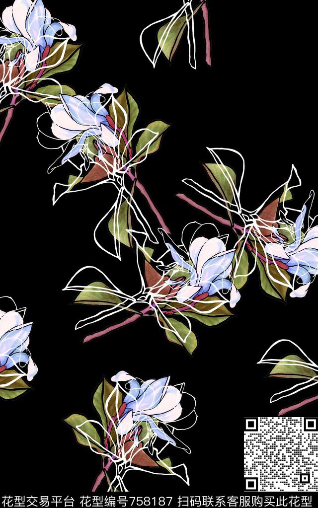 玫瑰牡丹兰花数码印花华亿平台下载（图片编号: 758187） - 瓦栏（Walan）