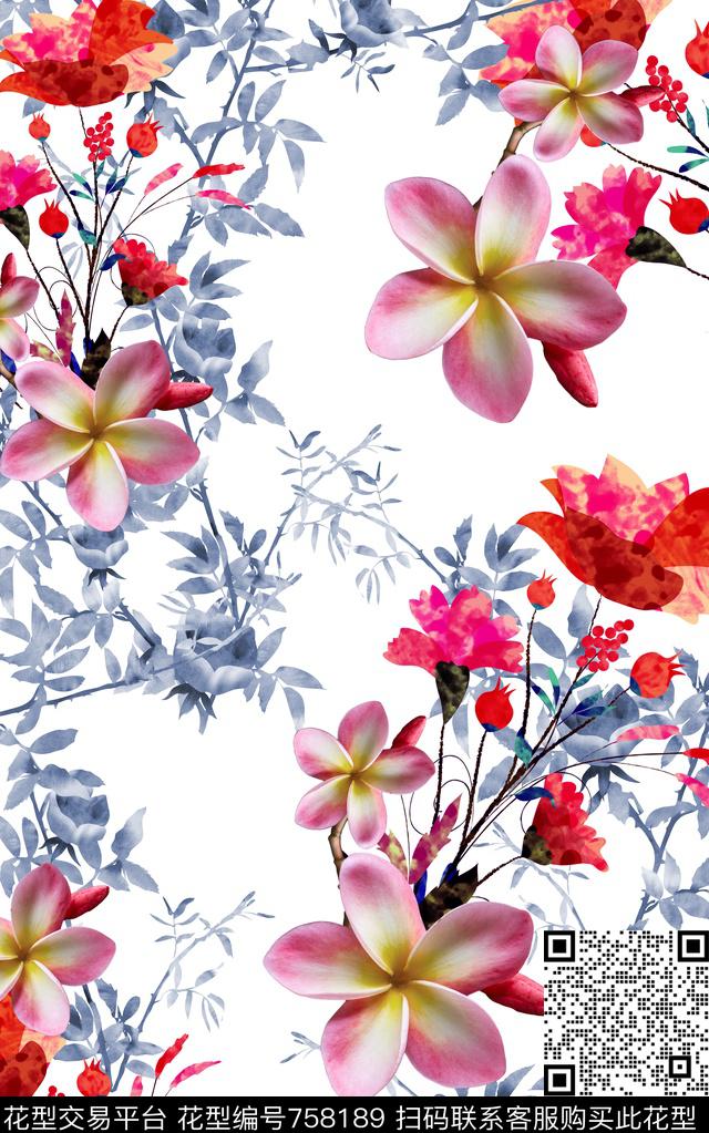 玫瑰牡丹兰花数码印花华亿平台下载（图片编号: 758189） - 瓦栏（Walan）