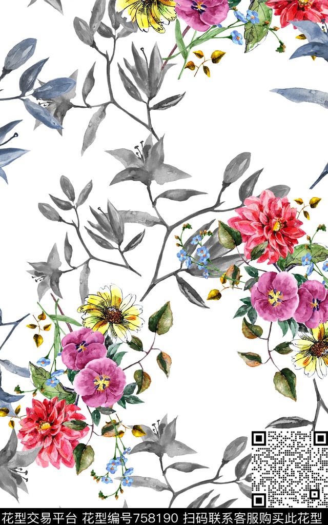 玫瑰牡丹兰花数码印花华亿平台下载（图片编号: 758190） - 瓦栏（Walan）