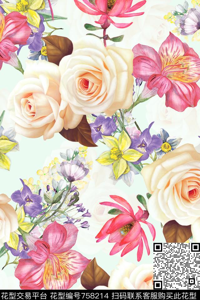 水彩花卉玫瑰数码印花华亿平台下载（图片编号: 758214） - 瓦栏（Walan）
