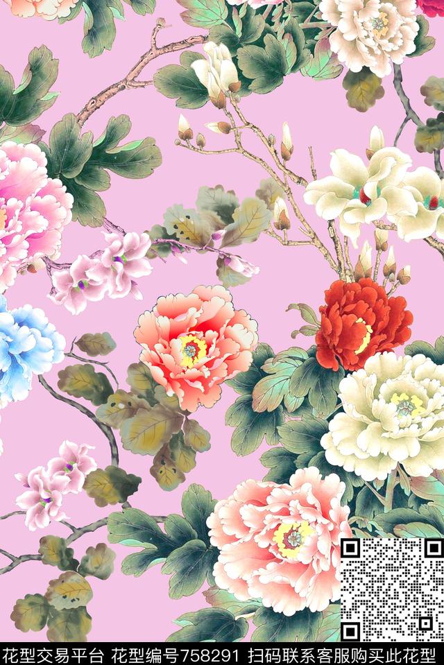 中国风花卉手绘数码印花华亿平台下载（图片编号: 758291） - 瓦栏（Walan）