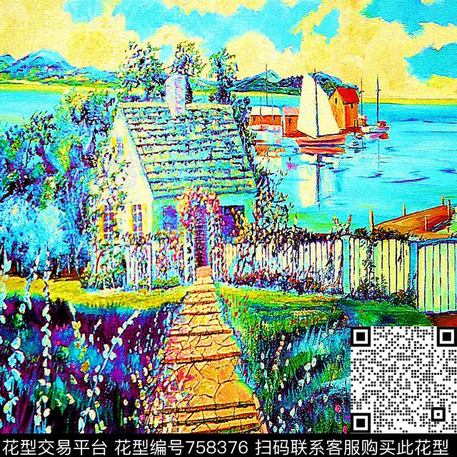 风景小方巾油画数码印花华亿平台下载（图片编号: 758376） - 瓦栏（Walan）