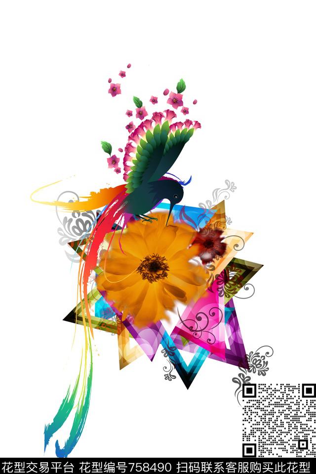 菱形时尚流行天堂鸟数码印花华亿平台下载（图片编号: 758490） - 瓦栏（Walan）