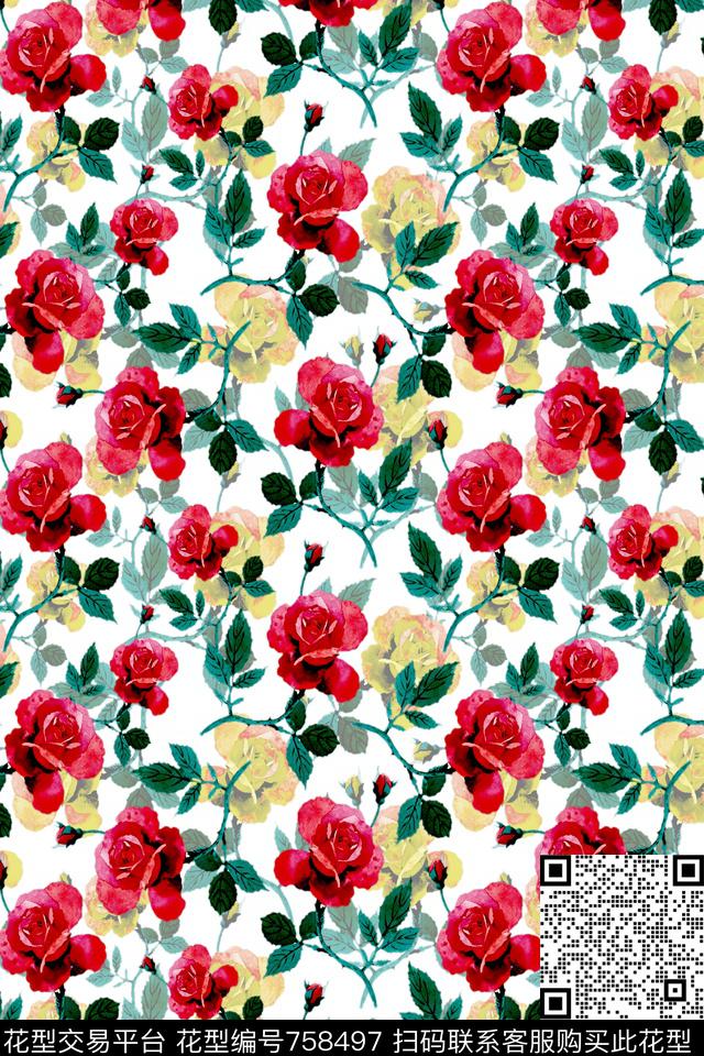 玫瑰花朵花卉数码印花华亿平台下载（图片编号: 758497） - 瓦栏（Walan）