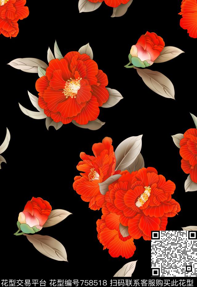 牡丹花卉中国风数码印花华亿平台下载（图片编号: 758518） - 瓦栏（Walan）