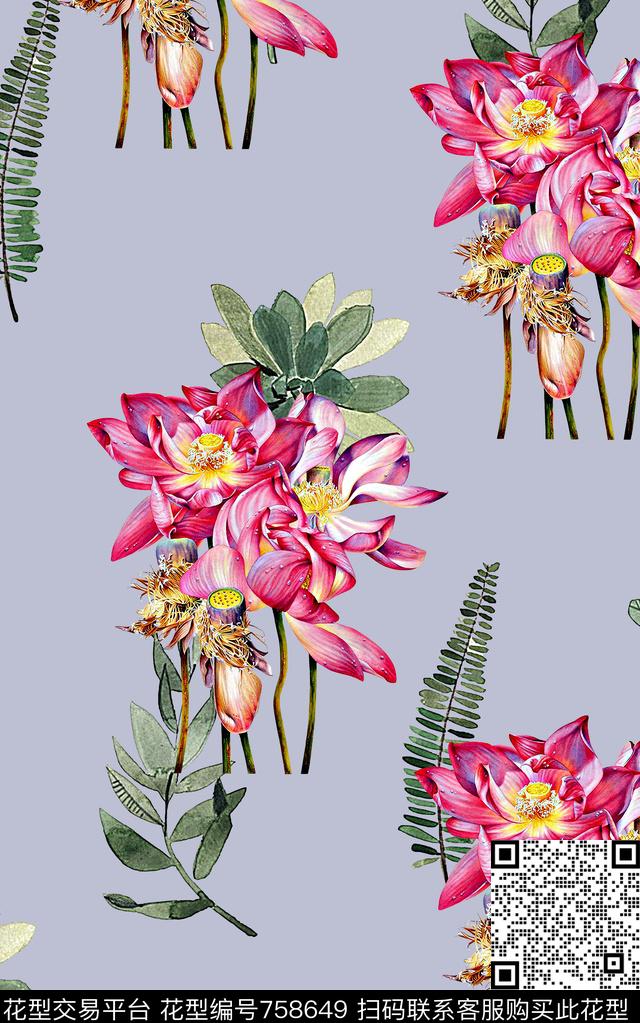 抽象手绘水彩画植物花卉数码印花时尚潮流女装裙子春夏清爽纹理树叶印花复古纹理印花数码印花华亿平台下载（图片编号: 758649） - 瓦栏（Walan）