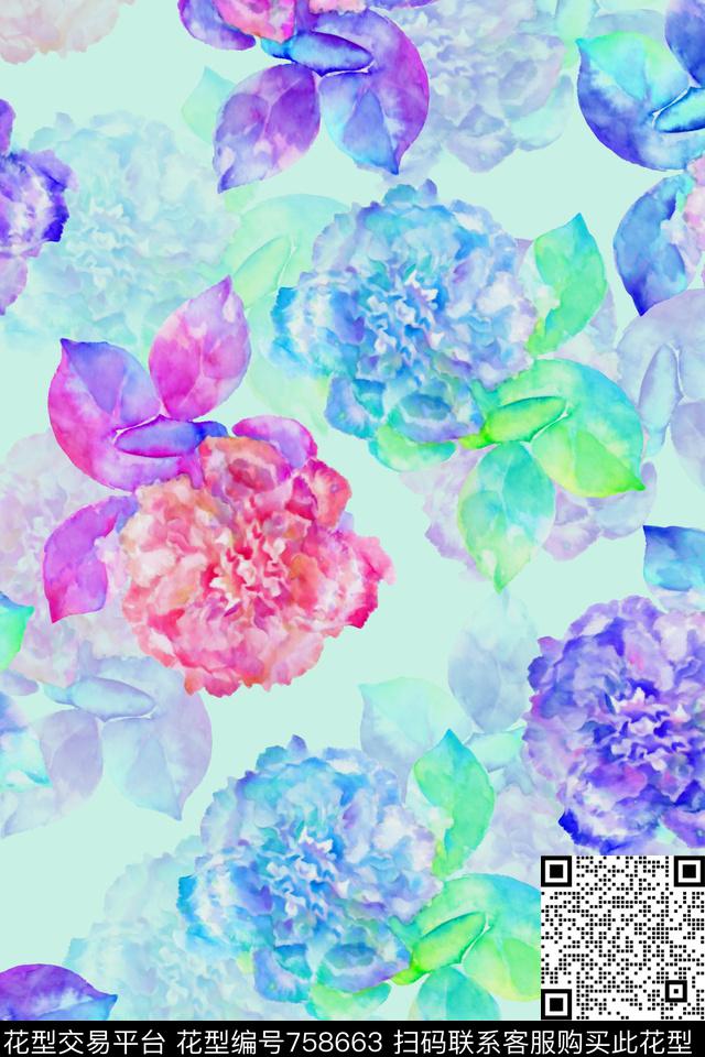 浪漫水彩花卉数码印花华亿平台下载（图片编号: 758663） - 瓦栏（Walan）