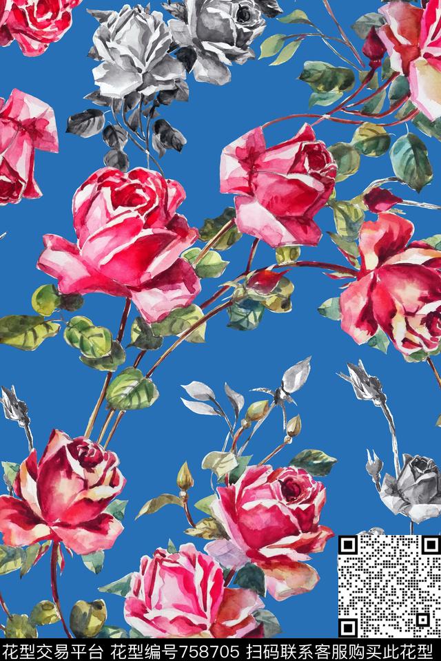 花卉玫瑰水彩数码印花华亿平台下载（图片编号: 758705） - 瓦栏（Walan）