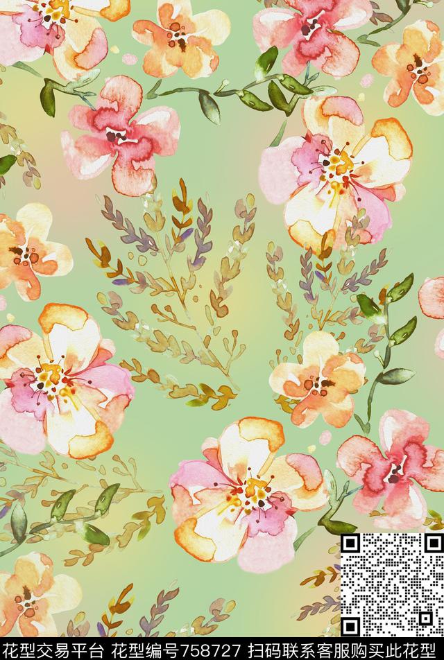 水彩花卉手绘数码印花华亿平台下载（图片编号: 758727） - 瓦栏（Walan）