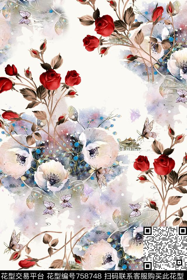 中国风花卉古亭数码印花华亿平台下载（图片编号: 758748） - 瓦栏（Walan）