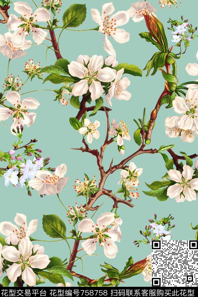 春季花卉花枝植物清新素雅时尚女装数码印花华亿平台下载（图片编号: 758758） - 瓦栏（Walan）