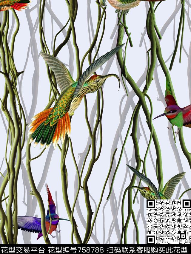 女装树枝鸟数码印花华亿平台下载（图片编号: 758788） - 瓦栏（Walan）