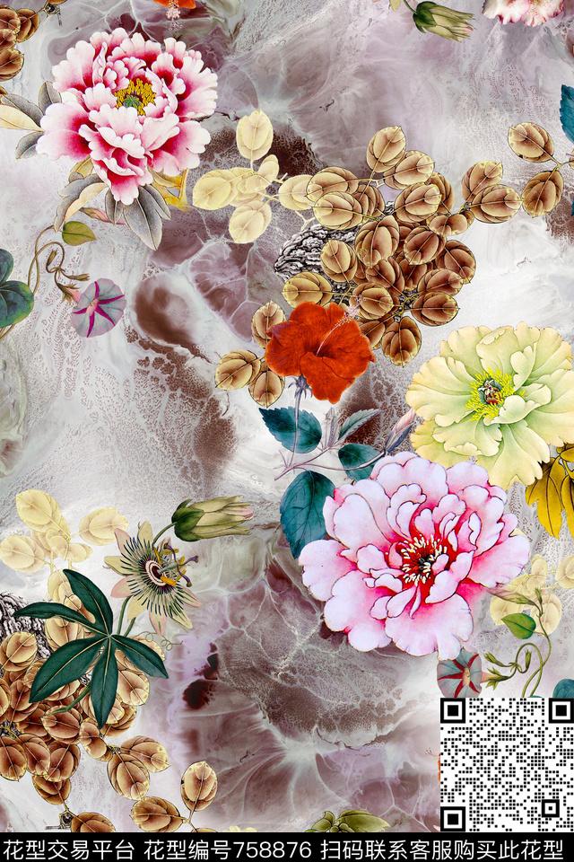 牡丹肌理中国风数码印花华亿平台下载（图片编号: 758876） - 瓦栏（Walan）