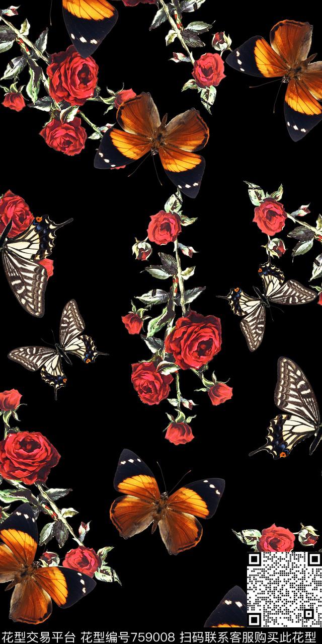 花卉玫瑰花蝴蝶数码印花华亿平台下载（图片编号: 759008） - 瓦栏（Walan）