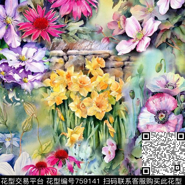 花卉1/2跳接小碎花数码印花华亿平台下载（图片编号: 759141） - 瓦栏（Walan）