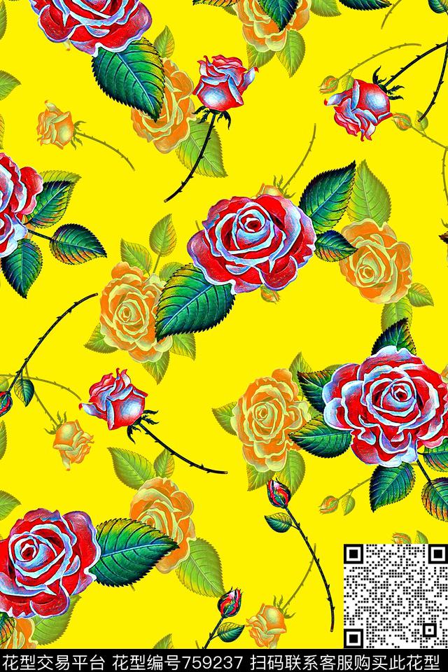 轻松花卉手工感油画花卉数码印花华亿平台下载（图片编号: 759237） - 瓦栏（Walan）
