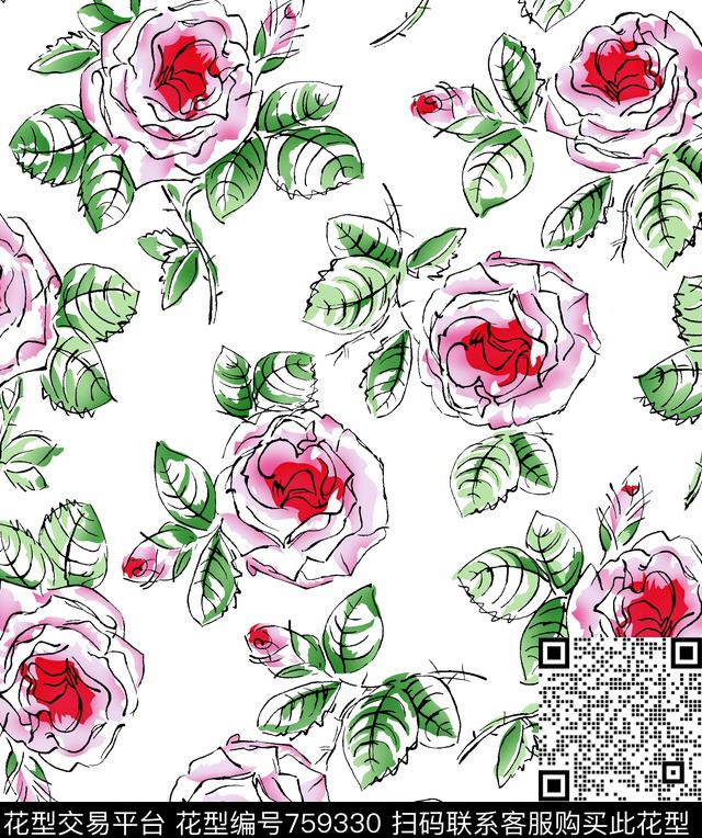 玫瑰花卉传统印花华亿平台下载（图片编号: 759330） - 瓦栏（Walan）