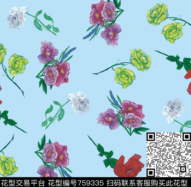 花卉花朵手绘数码印花华亿平台下载（图片编号: 759335） - 瓦栏（Walan）