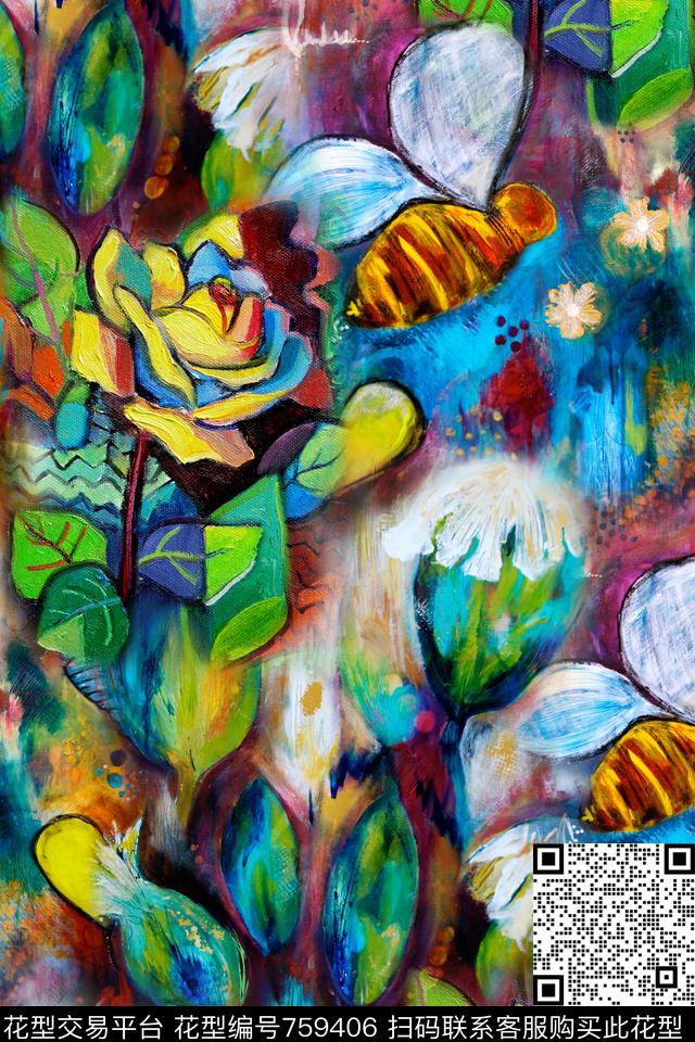 抽象油画肌理数码印花华亿平台下载（图片编号: 759406） - 瓦栏（Walan）