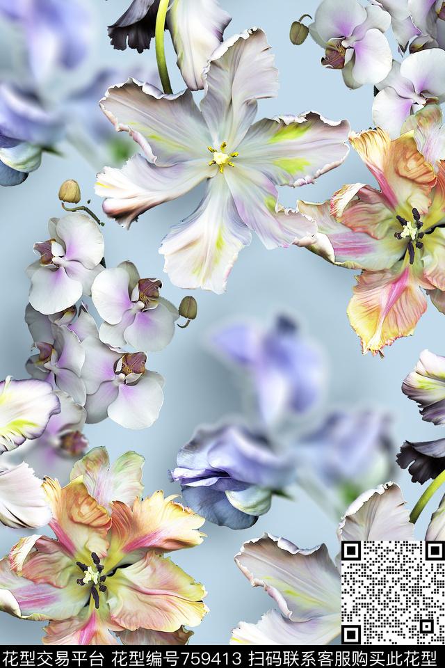 花卉玉兰百合数码印花华亿平台下载（图片编号: 759413） - 瓦栏（Walan）