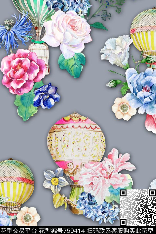 热气球水彩花卉数码印花华亿平台下载（图片编号: 759414） - 瓦栏（Walan）