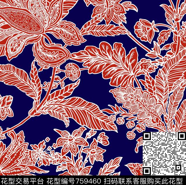 藏青底花夲流行高端传统印花华亿平台下载（图片编号: 759460） - 瓦栏（Walan）