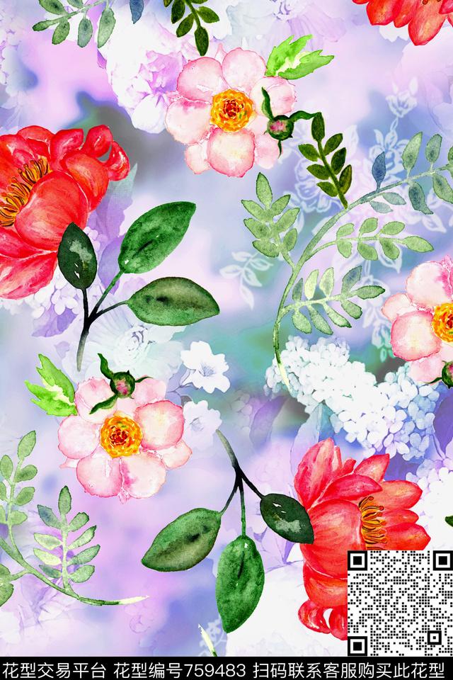 时尚手绘水彩数码印花华亿平台下载（图片编号: 759483） - 瓦栏（Walan）