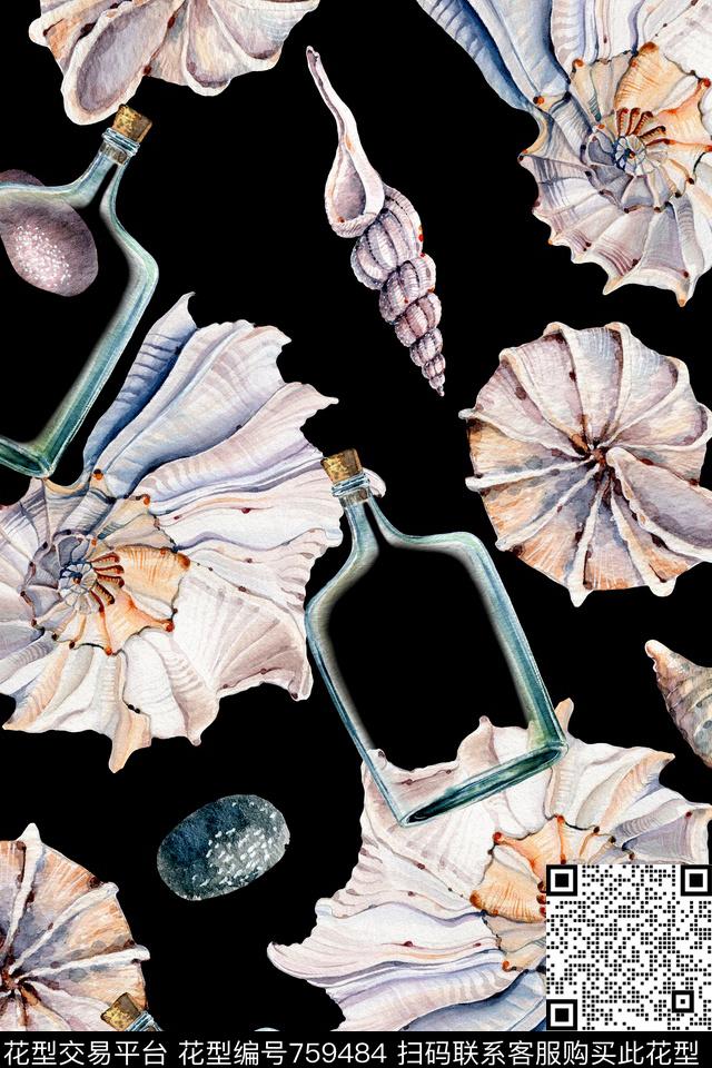 时尚手绘贝壳数码印花华亿平台下载（图片编号: 759484） - 瓦栏（Walan）