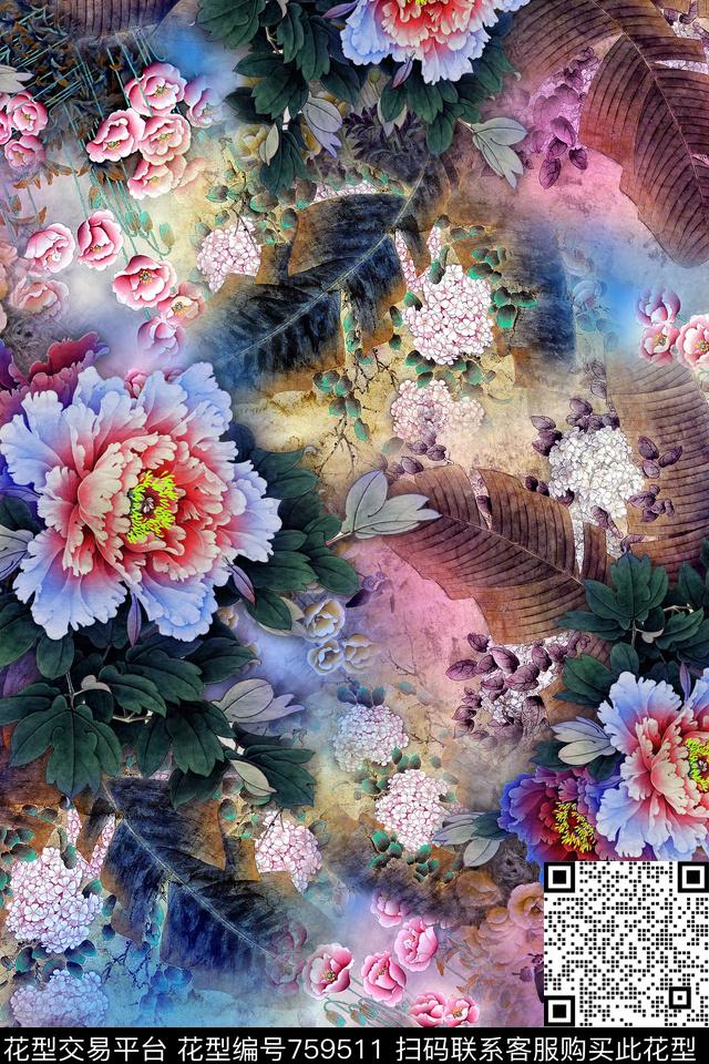 花卉牡丹花中国风数码印花华亿平台下载（图片编号: 759511） - 瓦栏（Walan）