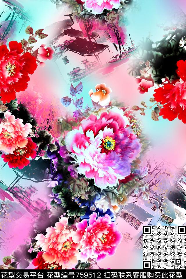 牡丹花中国风水墨画数码印花华亿平台下载（图片编号: 759512） - 瓦栏（Walan）