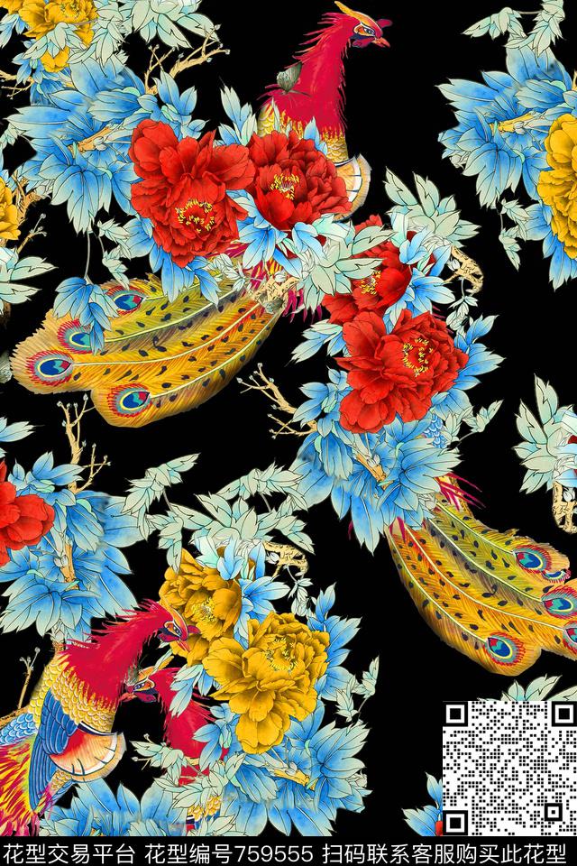 大花花朵花鸟数码印花华亿平台下载（图片编号: 759555） - 瓦栏（Walan）