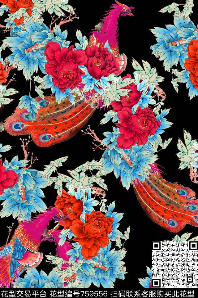 大花花朵花鸟数码印花华亿平台下载（图片编号: 759556） - 瓦栏（Walan）