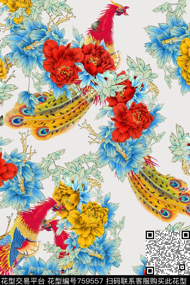 大花花朵花鸟数码印花华亿平台下载（图片编号: 759557） - 瓦栏（Walan）