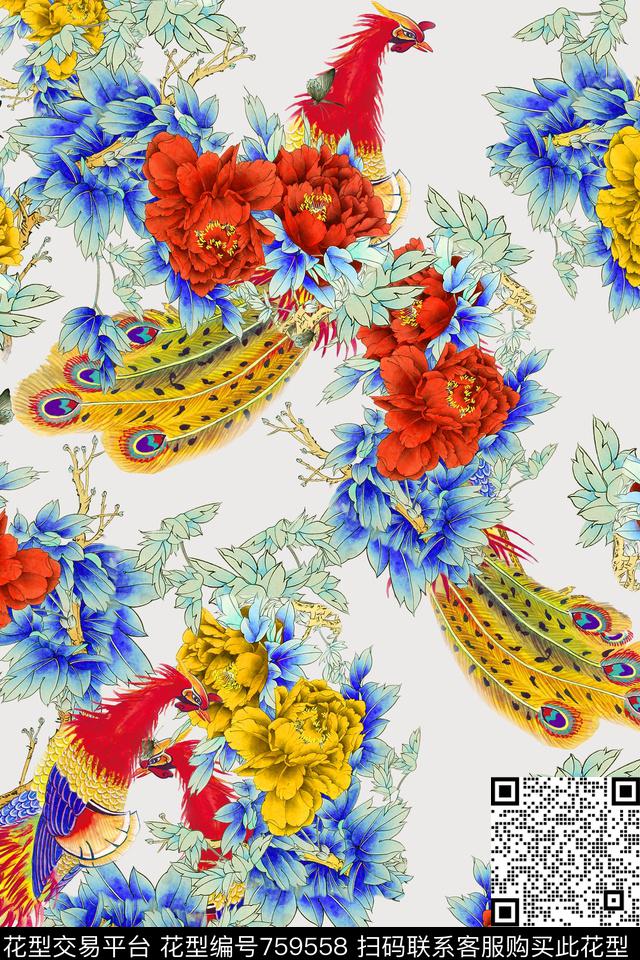 大花花朵花鸟数码印花华亿平台下载（图片编号: 759558） - 瓦栏（Walan）
