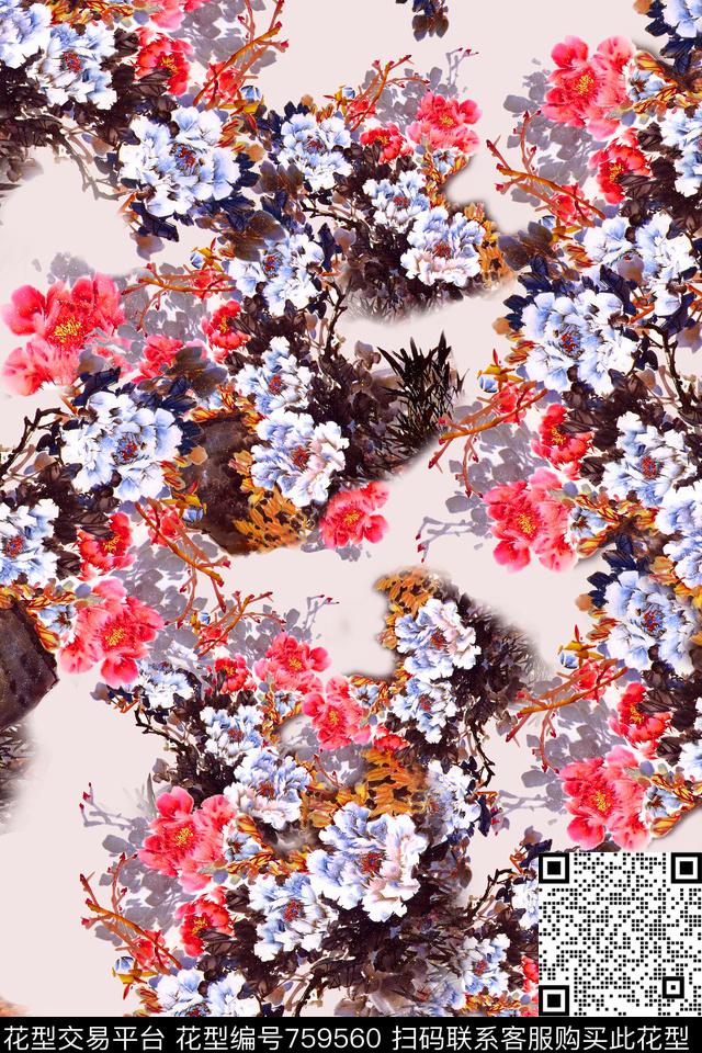 大花花朵花卉数码印花华亿平台下载（图片编号: 759560） - 瓦栏（Walan）