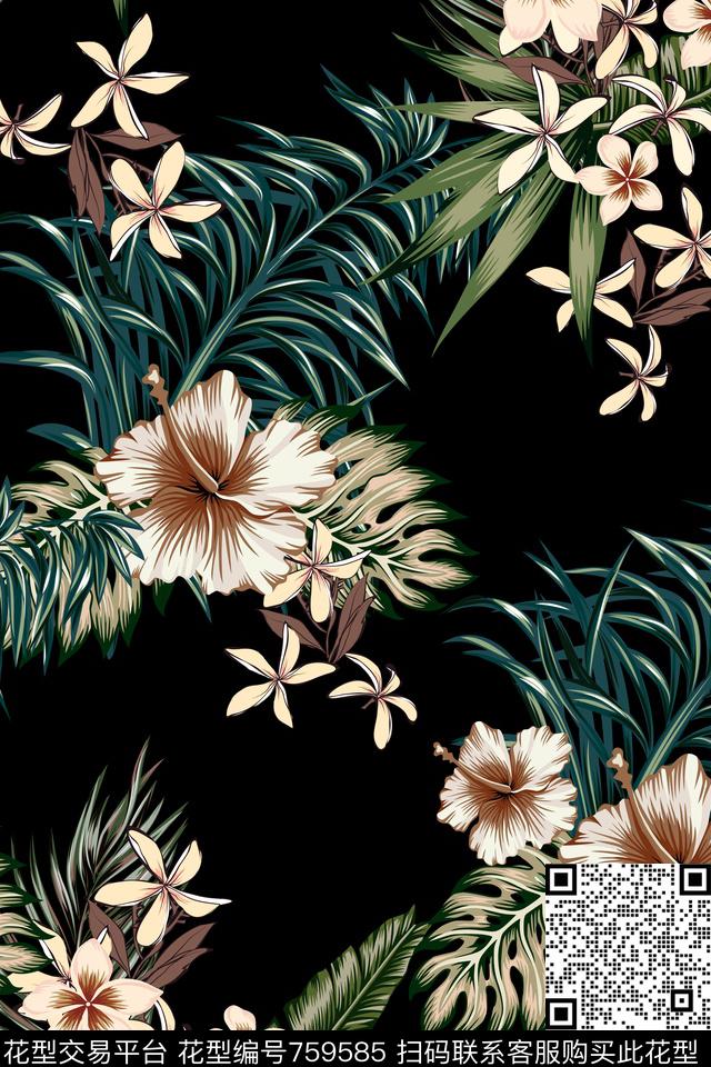 棕榈叶满版花卉传统印花华亿平台下载（图片编号: 759585） - 瓦栏（Walan）