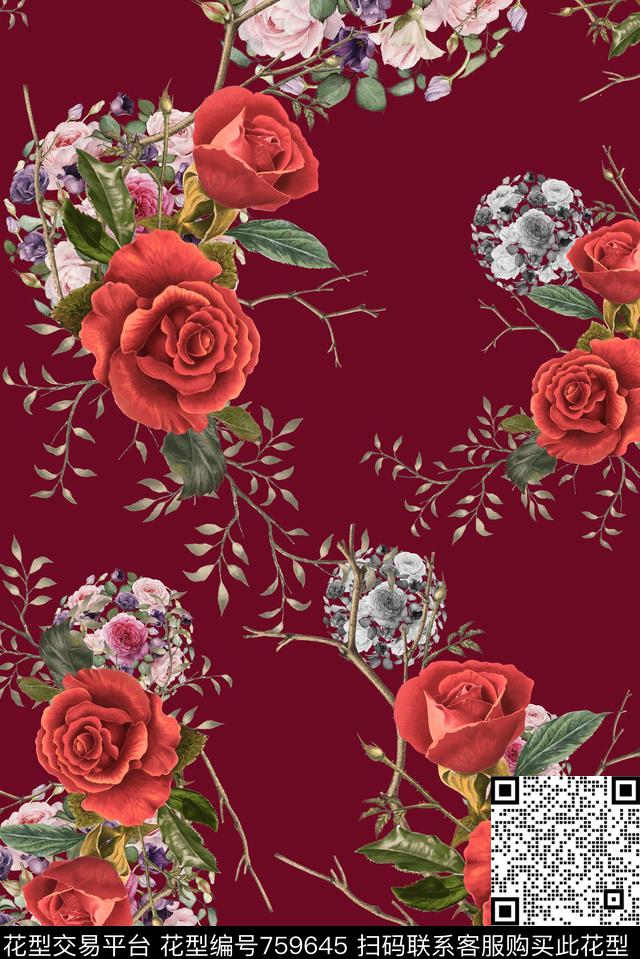 酒红手绘玫瑰数码印花华亿平台下载（图片编号: 759645） - 瓦栏（Walan）