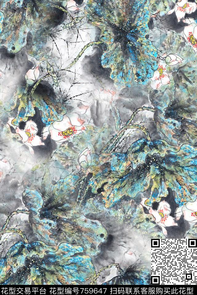 手绘宝蓝荷花数码印花华亿平台下载（图片编号: 759647） - 瓦栏（Walan）