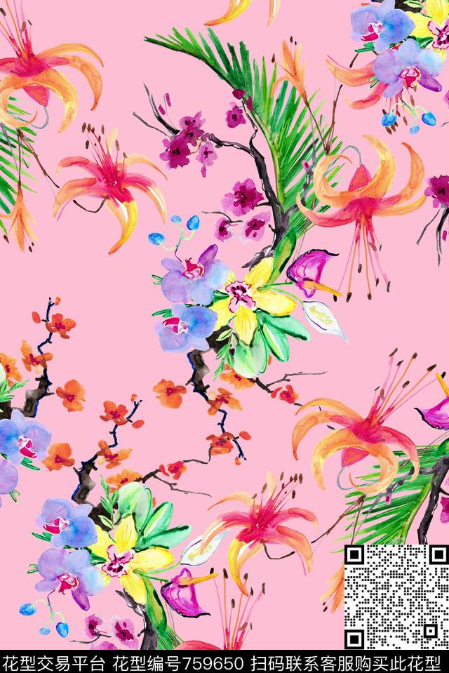 手绘花卉素材数码印花华亿平台下载（图片编号: 759650） - 瓦栏（Walan）