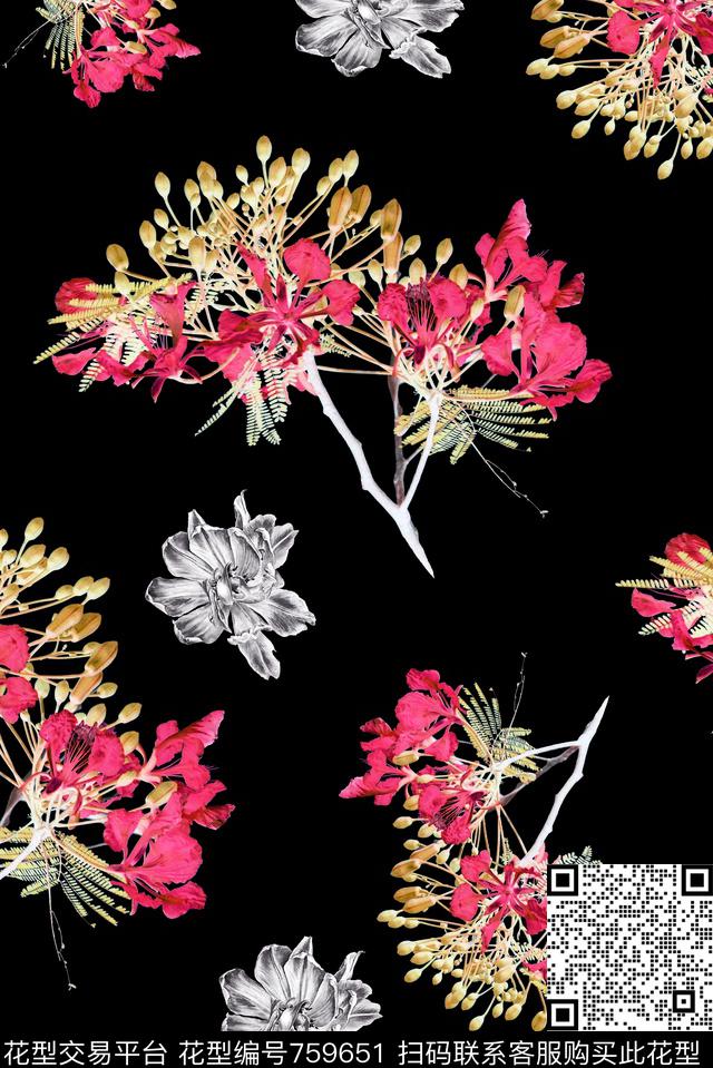 树枝黑白花卉数码印花华亿平台下载（图片编号: 759651） - 瓦栏（Walan）