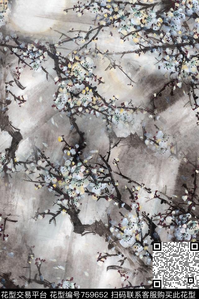 水墨笔触桃花数码印花华亿平台下载（图片编号: 759652） - 瓦栏（Walan）