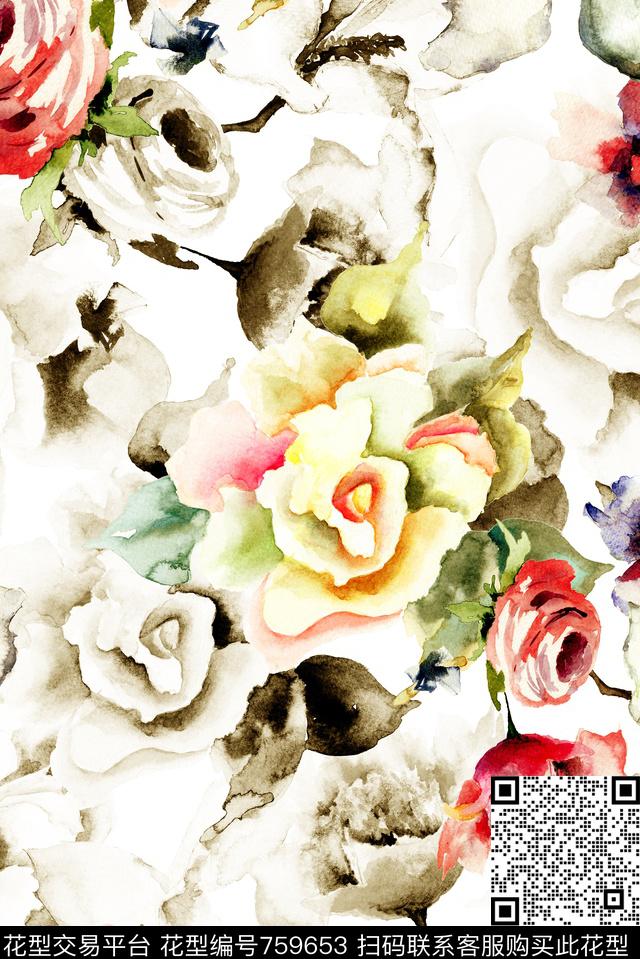 水墨抽象玫瑰数码印花华亿平台下载（图片编号: 759653） - 瓦栏（Walan）