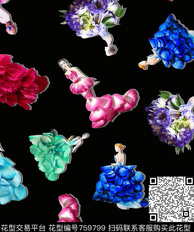 流行趋势插画女孩花卉与插画结合数码印花华亿平台下载（图片编号: 759799） - 瓦栏（Walan）