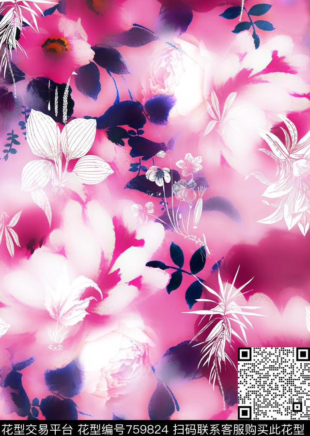 朦胧花朵标本花卉数码印花华亿平台下载（图片编号: 759824） - 瓦栏（Walan）