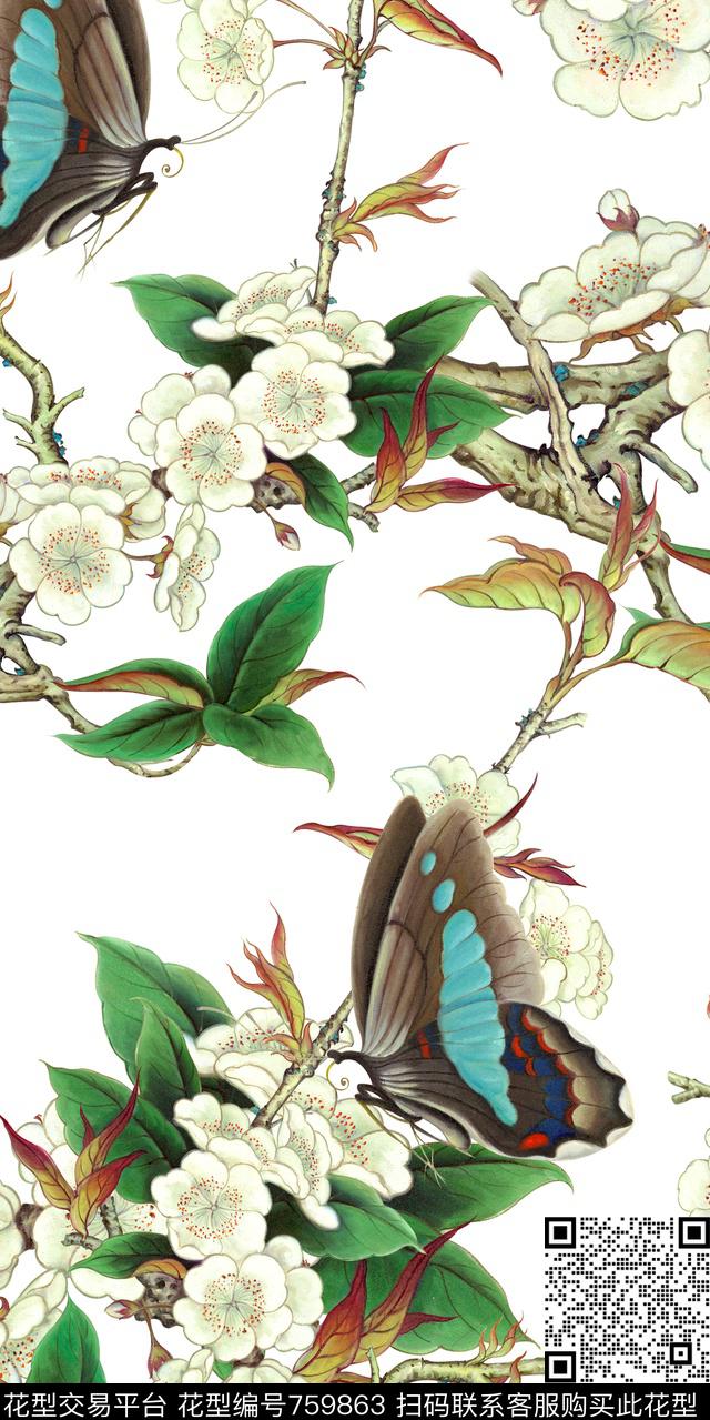 梅花蝴蝶花卉数码印花华亿平台下载（图片编号: 759863） - 瓦栏（Walan）