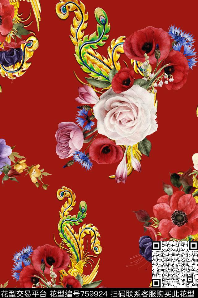 大红凤凰手绘数码印花华亿平台下载（图片编号: 759924） - 瓦栏（Walan）