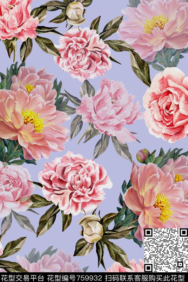 手绘水彩浪漫花卉数码印花华亿平台下载（图片编号: 759932） - 瓦栏（Walan）